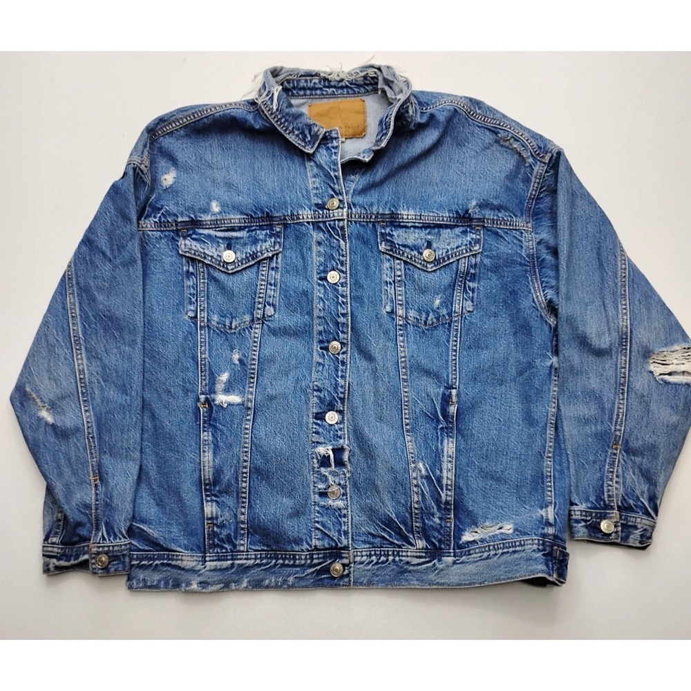 American Eagle Denim Jacket Womens Large Blue Distressed Trucker Y2K